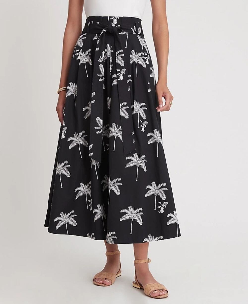 [Ann Taylor] Black White Tropical Palm Tree Pleated Maxi Skirt NWT Pockets Sz 16